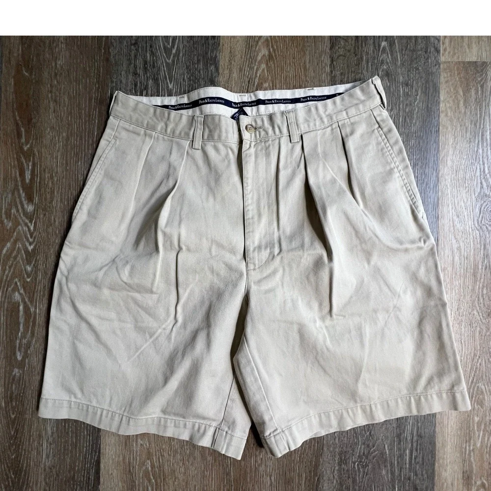 Polo Ralph Lauren Chino Shorts Mens 35 Tan Pleated Cotton Twill Casual Classic